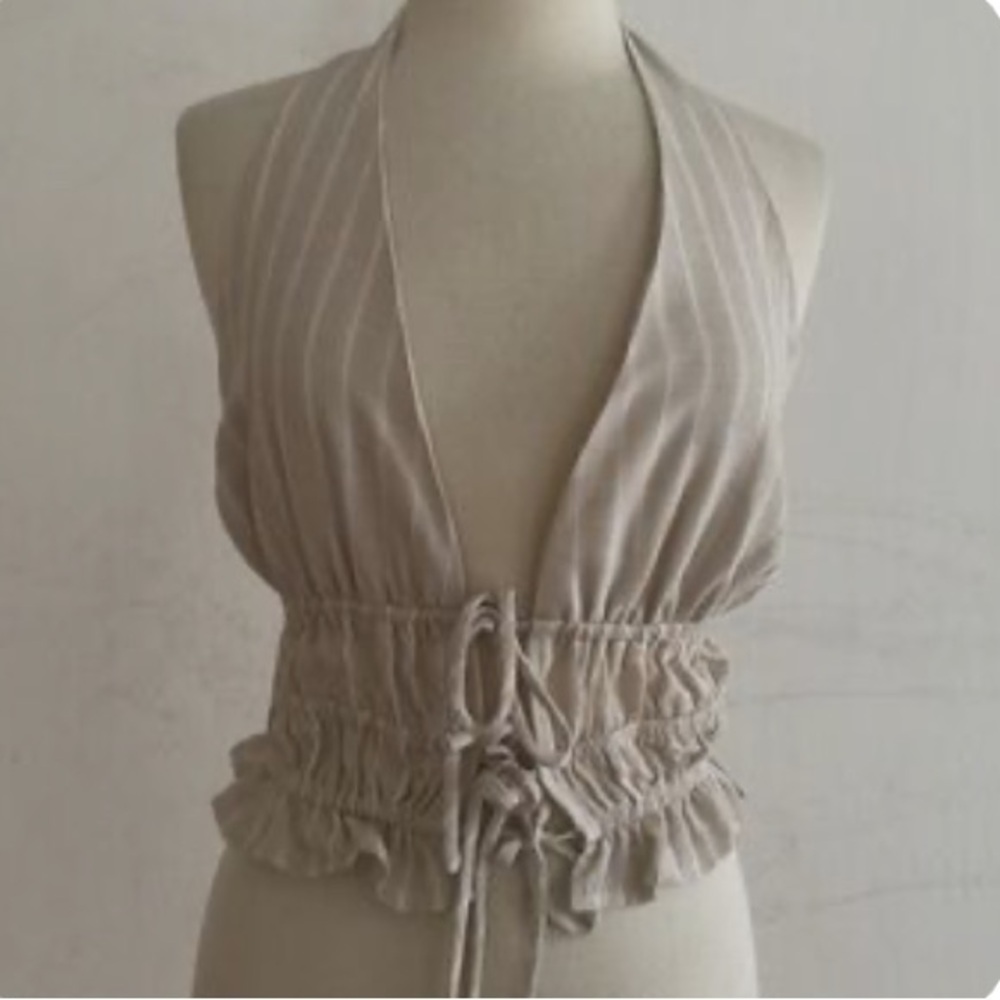 One clothing Beige striped Halter Ruched Waist Crop Top with ope tie details